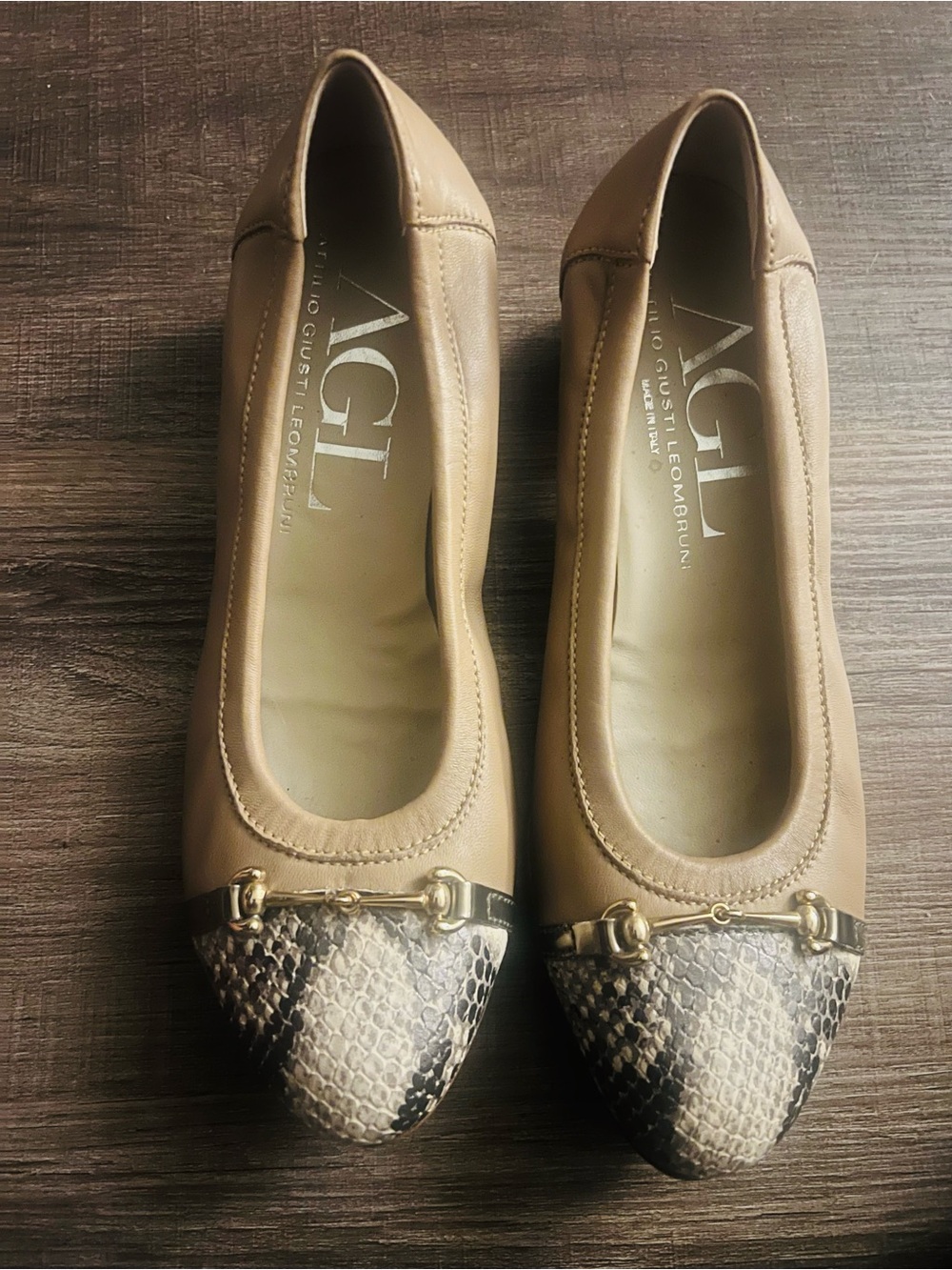 AGL Tan Leather Ballet Flats with Snake-Print Cap Toe and Gold Bit